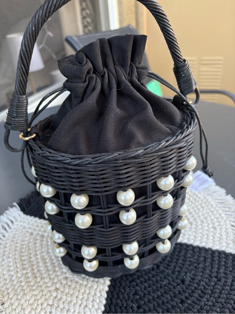 Kate Spade for Target Black Pearl-Embellished Wicker Mini Bucket Bag